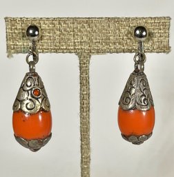 Pair Ethnographic Silver Tone Clip Earrings Having Coral Stones