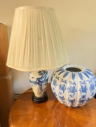 Blue And White Asian Themed Ginger Jar Shaped Lamp With Blue And White Caged Porcelain Vase