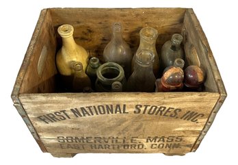 Wood Crate Full Of Antique Bottles