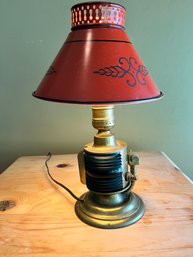 Nautical Port Starboard Glass And Brass Lamp With Red Metal Shade