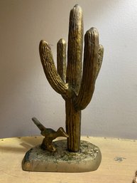 Vintage Brass Saguaro Cactus And Roadrunner