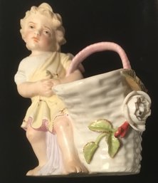 Antique Porcelain & Chalk-ware Cherub Holding Basket