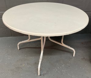 Round Fiberglass Outdoor White Table, Metal Base Legs.