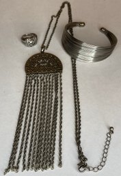 Vintage Lot Jewelry - Silver Tone - Multi-stand Chain Necklace - Coil Cuff Bracelet - Filigree Flourish Ring