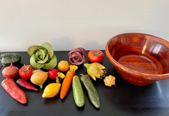 Well Made Paper Mache Vegetables In Two-Tone Wood Bowl