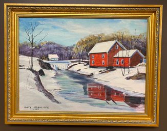 Vintage Oil On Board Painting Rural Winter Snow Scene W/ House Waterfall River Trees By Kitty McAuliffe 1988