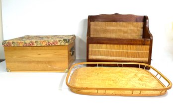 Wicker Organizer , Wood Box With Fabric Covered Top  And Wicker Serve Tray