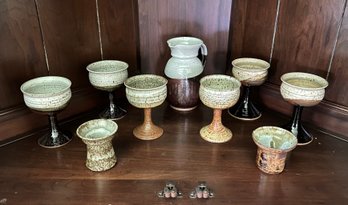 Beautiful Vintage Pottery Set Of Six Chalices & One Pitcher