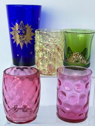 Lot Of 5 Vintage Colored Glasses: Northwood, Culver, Wright (?), Fenton
