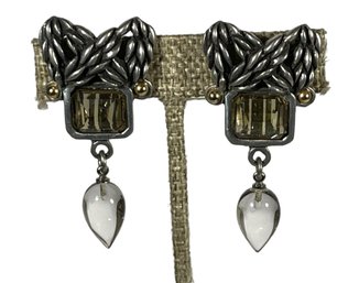 Pair Designer Signed Silver Tone Earrings Having Gemstones