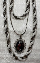 Vintage Lot Jewelry: Napier Silver Tone & Cord Twisted Necklace, Charcoal Grey Stone Necklace, Clear Earrings