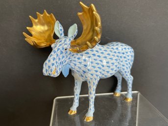 **1st Edition** HEREND Blue Moose Gorgeous Gold Antlers-purchased At Gump's 1998- Always Kept In Curio-mint