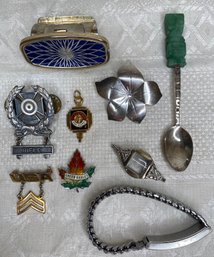 Vintage Lot: Spoon, Bracelet, Military, Souvenir Spoon & Pin, HS Key, Lipstick Clip W/mirror Bracelet, Earring