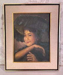 Vintage Oil On Canvas Painting In Frame Of Asian Lady Signed C.K. Har