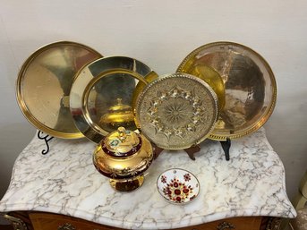 4 Gold Toned Trays, Vintage Red & Gold Lidded Glass Bowl & Small Austrian Rhine Stone Bowl