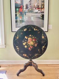 Antique Hand Painted Tilt Top Table With Beautiful Rose Motif