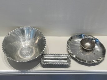 Mariposa Pearled Cracker Caddy, Wilton Mount Joy Pewter Clam Shell Dish And A Large Mexican Centerpiece Bowl