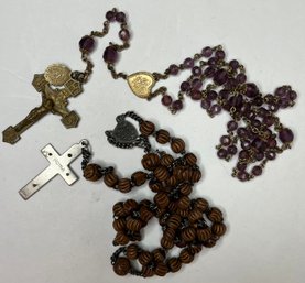 Vintage Antique Old Catholic Rosary - Amethyst - Gold Tone - Plus Partial Wood Made In Rome