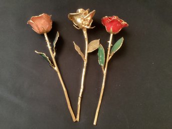 24kt Gold Dipped Rose Plus 2 More Trimmed In Gold With Vase