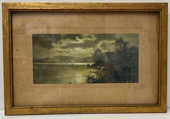 Vintage Antique Scenic Print - Cottage House On Lake - Mountains - Moonlight - Unsigned