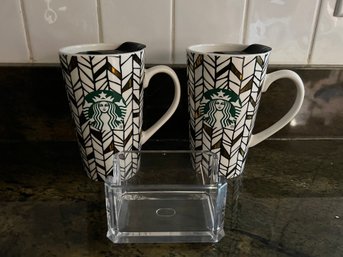 (2) Starbucks Travel Mugs And Sugar Packet Container