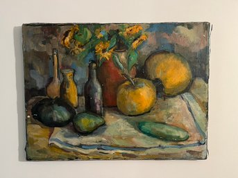 Original Oil On Canvas Of Fruits, Sunflowers & Bottles