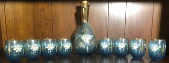 Vintage Italian Hand Painted Flowers, Aqua Glass Decanter W 8 Glasses