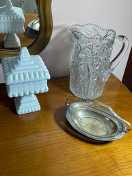 Antique  Westmoreland  10 ' Milk Glass  Candy Dish - Silver Plate Tray Basket - Cut Glass Style Pitcher