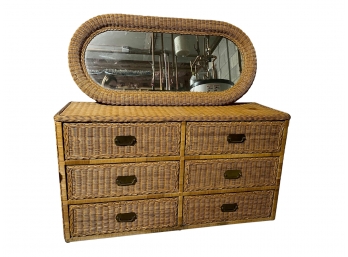 Mid Century Six Drawer Wicker Dresser With Coordinating Oval Wicker Mirror