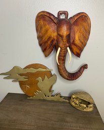 Carved Wood Elephant Head, Brass Duck Scene And Elephant Shell