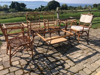 1940s Bamboo And Rattan Set - 4 Chairs, 2 End Tables And Coffee Table - Missing Glass Table Tops