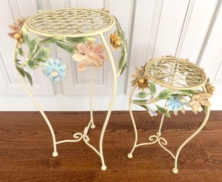 Two Polychrome Wrought Iron Plant Stands With Tole Floral Decoration