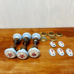 3 Porcelain Floral Doorknobs And Accesories