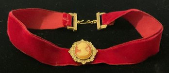 Vintage Cameo, Red Velveteen Choker Necklace.