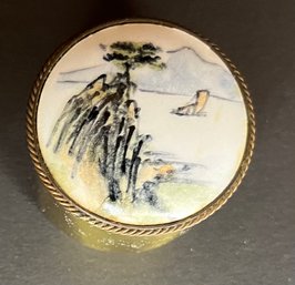 Vintage Round Trinket Jewelry Box Pillbox - Asian Painted Porcelain - Beijing China - Cushioned Lining