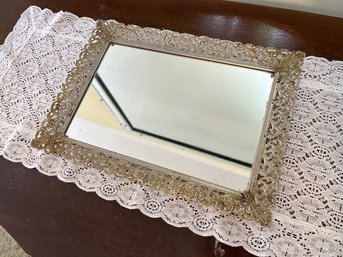 Vintage Silver Tone Filigree Vanity Tray With Mirror