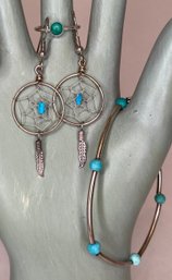 Vintage Lot Silver Plate Turquoise - Tubular Bracelet 7 1/4 Long - Dream Catcher Earrings - Ring Size 5.5