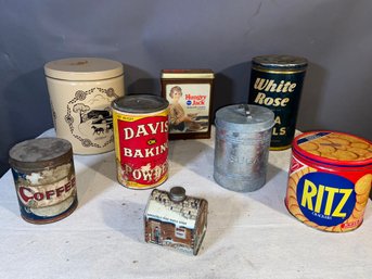 Vintage And Reproduction Tin Containers Ritz White Rose Tea Balls Davis Baking Powder Coffee Maple Syrup