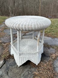 Vintage White Round Natural Wicker Side Table