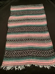 Woven Nubby Cotton Throw Blanket Shades Of Pink, Green, Gray And Black