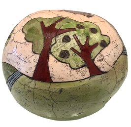 'Red Bird On Rhinoceros In The Forest'  Unique Handmade Raku Orb