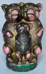 Vintage Antique Cast Iron Still Coin Piggy Bank - Three Little Pigs - 5 Inches High - Pink - Unmarked