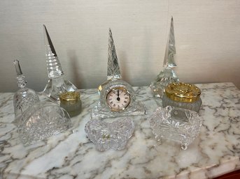 3 Vintage Art Deco Cut Crystal Perfume Bottles, Crystal Clock, Napkin Holder, Butterfly Box & More