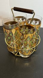 Set Of 4 Culver Valencia Highball Glases With Holder