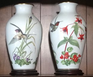 Franklin Porcelain Vases, Rosewood Stands, Meadowland & Garden Bird.
