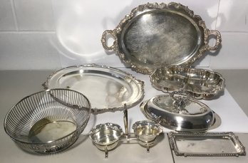 Silver Plated Lot, Oval 2 Handle Trays, Bread Basket, Creamer, Sugar, Plus.