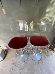 GREAT Lucite And Steel Bar Stools, With Wine Colored Seat Covers, Swivel Seats!