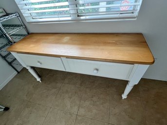 Crate  And Barrel White Apinted Wood, And Oak Top 2 Drawer Side Board