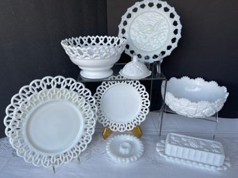 11pc. Milk Glass/white Items Lot: 4 Plates, Candle Holder, 2 Bowls, Coverer Butter Pat Dish,  Covered Butter