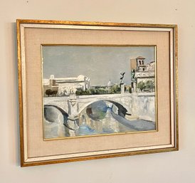 Vintage Oil Painting Of European River Scene Signed Illegibly